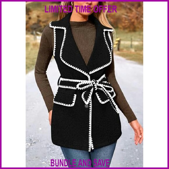 Tweed Vest Jacket Sleeveless Lapel Button Front Belt Winter Outerwear - Picture 4 of 8